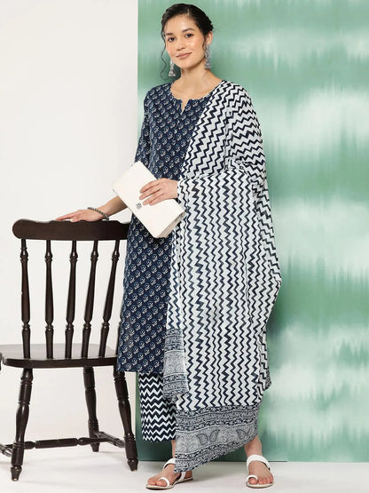 Libas Blue Printed Cotton Straight Kurta With Trousers and Dupatta