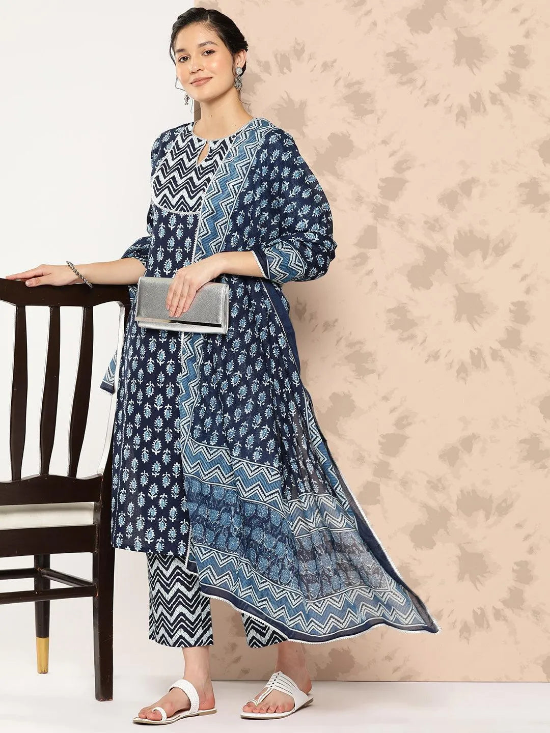 Libas Blue Printed Cotton Straight Kurta With Trousers and Dupatta
