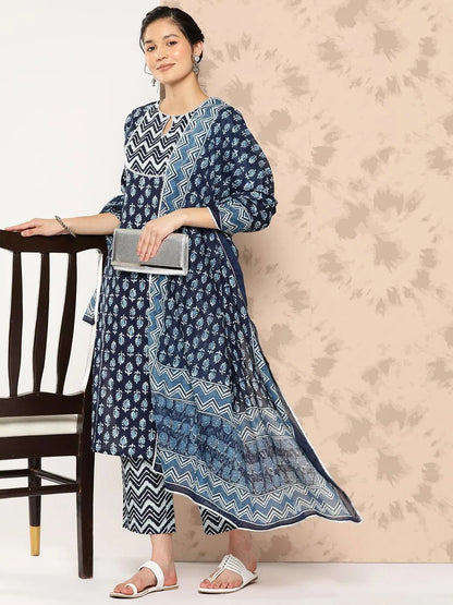 Libas Blue Printed Cotton Straight Kurta With Trousers and Dupatta