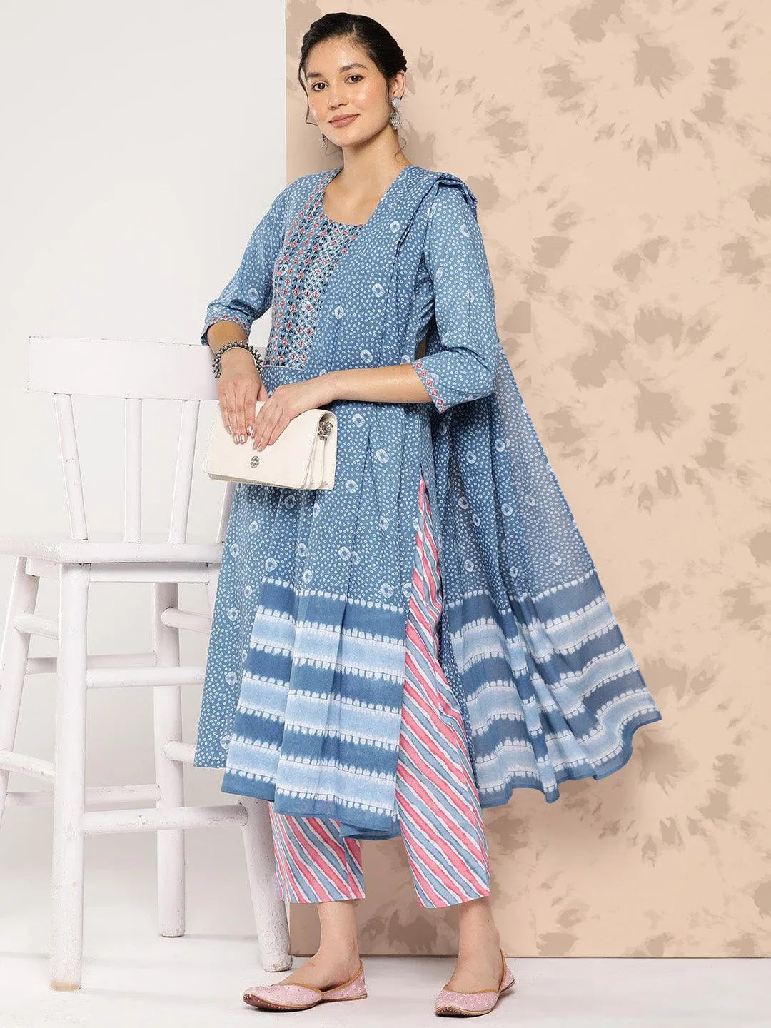 Libas Blue Printed Cotton Straight Kurta With Trousers and Dupatta
