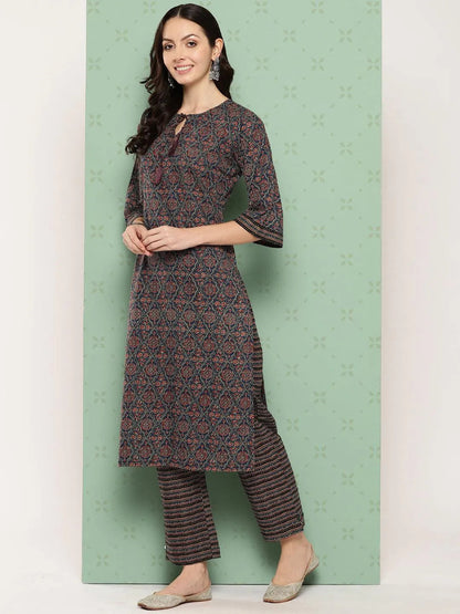 Libas Blue Printed Cotton Straight Suit With Dupatta