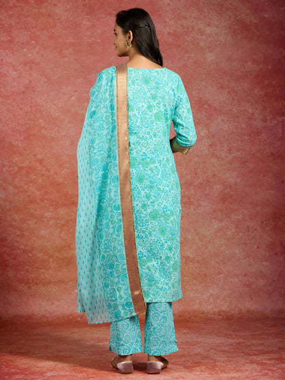 Libas Blue Printed Cotton Straight Suit With Dupatta