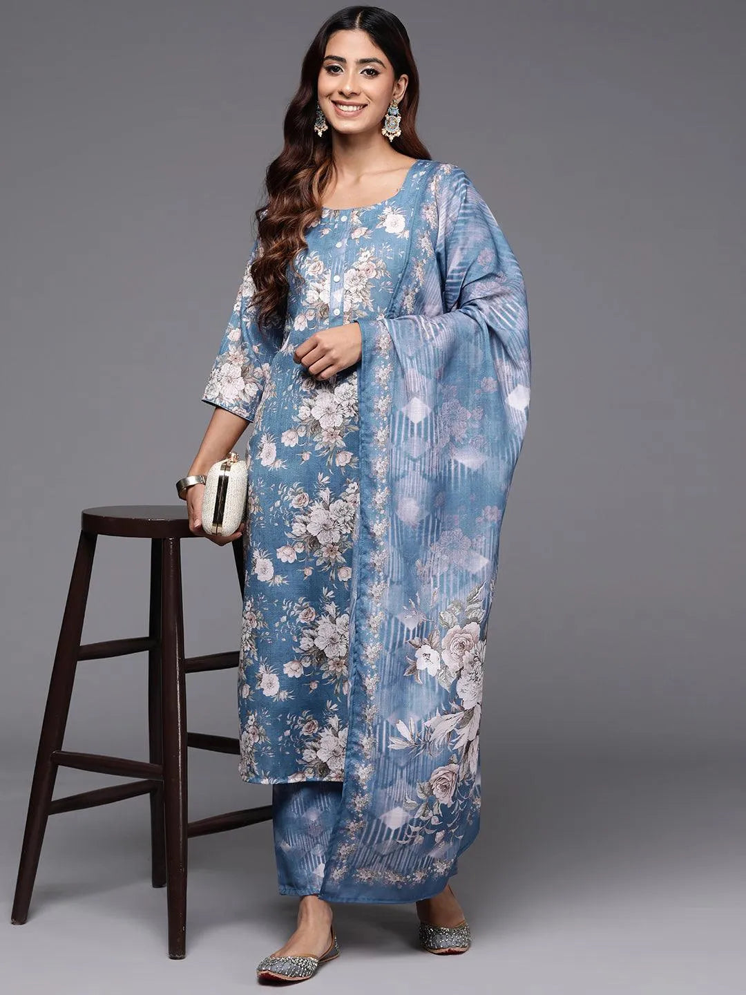 Libas Blue Printed Cotton Straight Suit With Dupatta