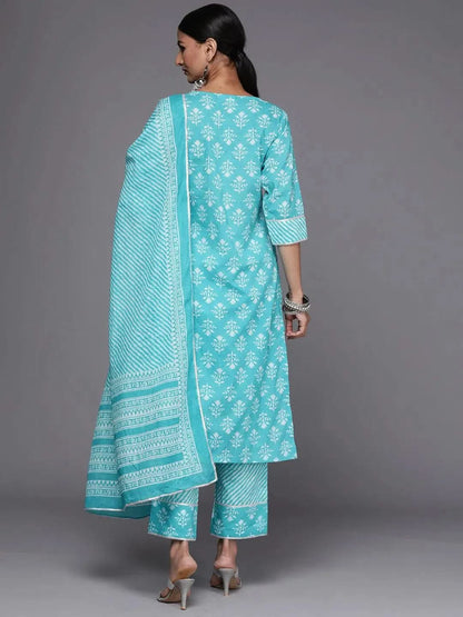 Libas Blue Printed Cotton Straight Kurta With Trousers & Dupatta
