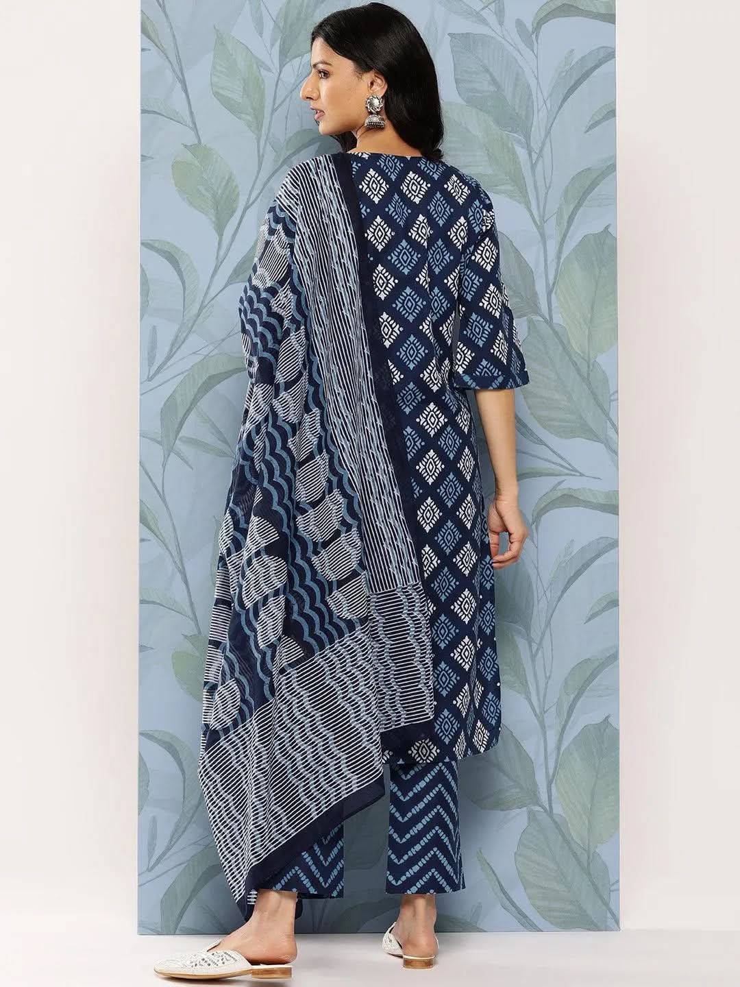 Libas Blue Printed Cotton Straight Kurta With Trousers & Dupatta
