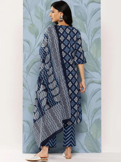 Libas Blue Printed Cotton Straight Kurta With Trousers & Dupatta