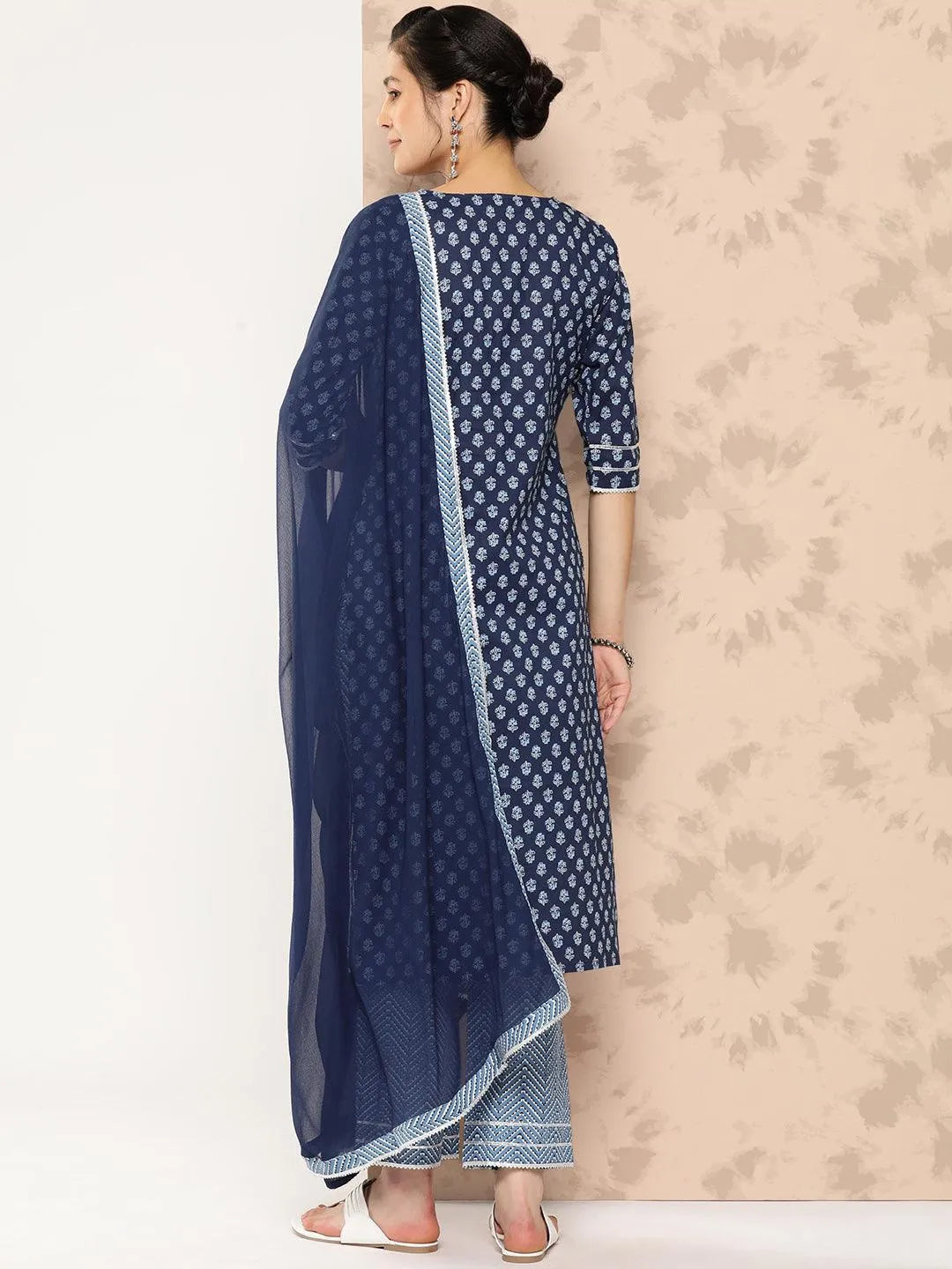 Libas Blue Printed Cotton Straight Kurta With Trousers and Dupatta