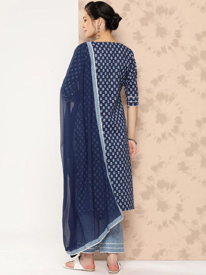 Libas Blue Printed Cotton Straight Kurta With Trousers and Dupatta