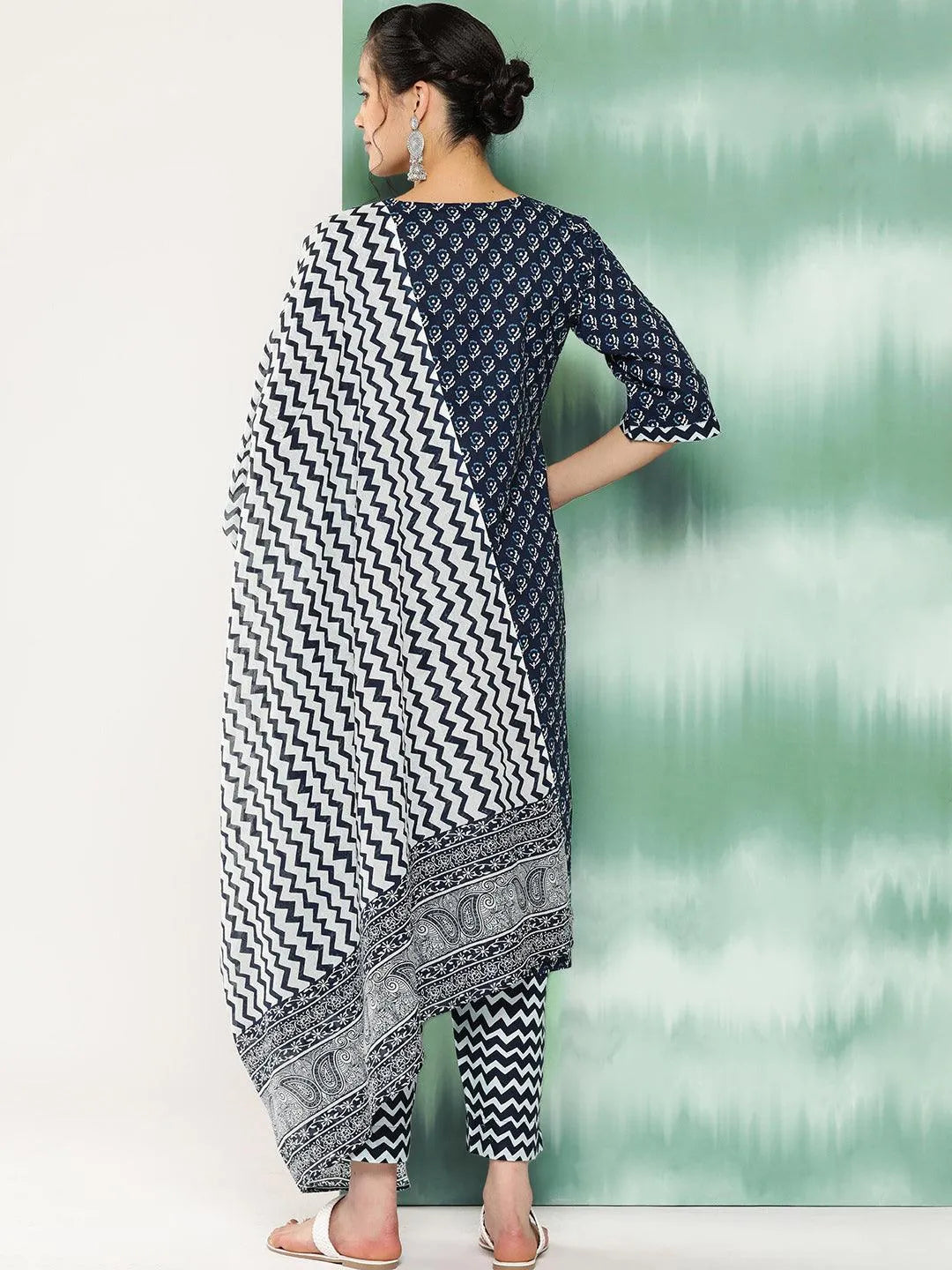 Libas Blue Printed Cotton Straight Kurta With Trousers and Dupatta