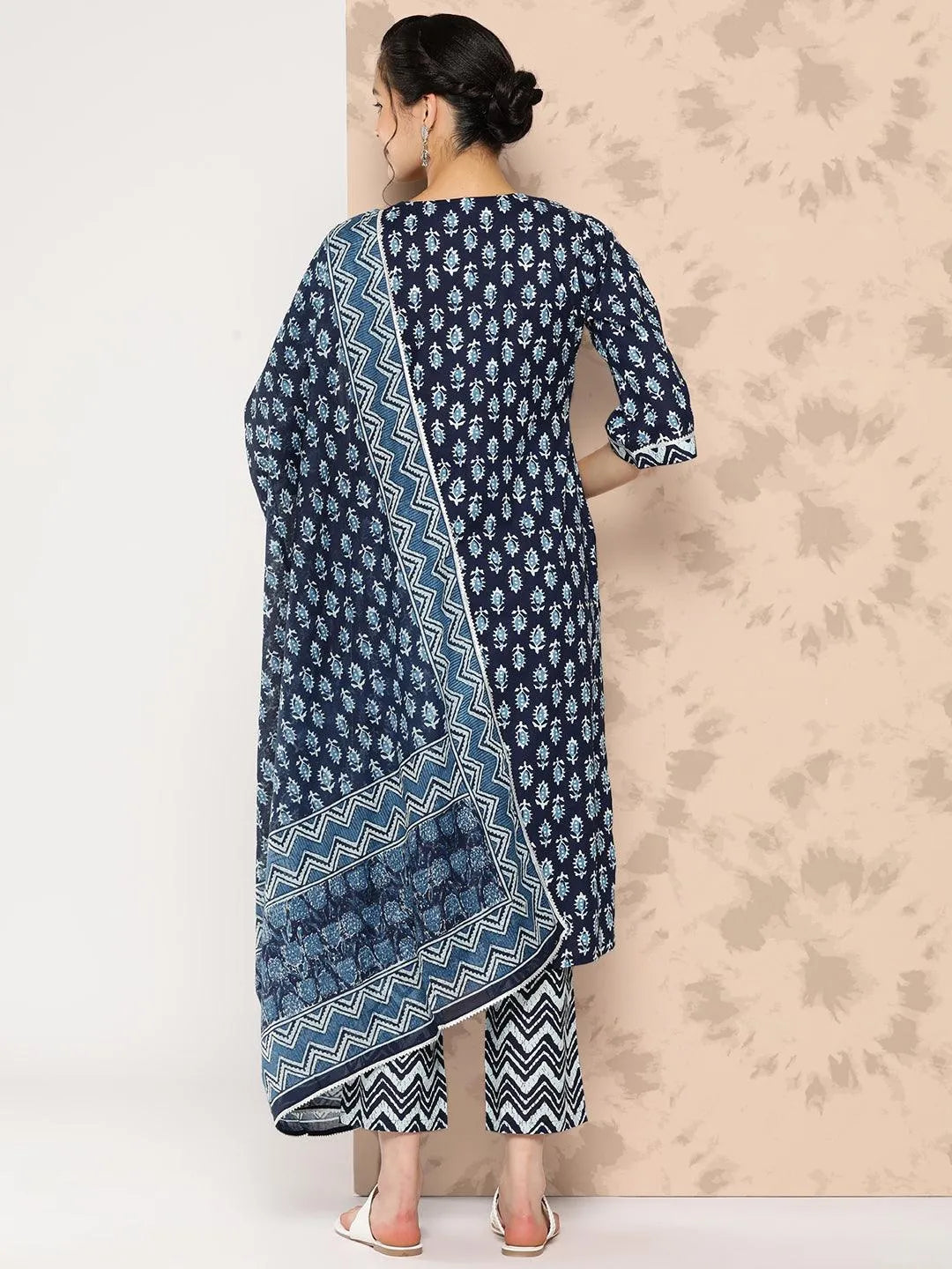 Libas Blue Printed Cotton Straight Kurta With Trousers and Dupatta