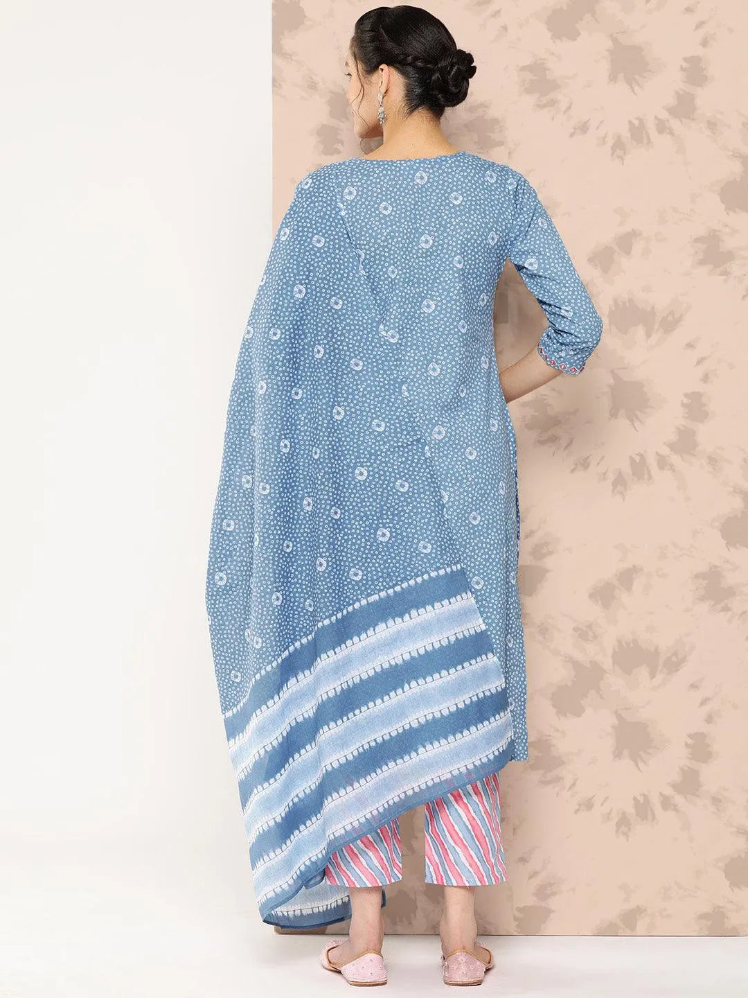 Libas Blue Printed Cotton Straight Kurta With Trousers and Dupatta