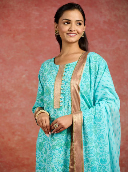 Libas Blue Printed Cotton Straight Suit With Dupatta
