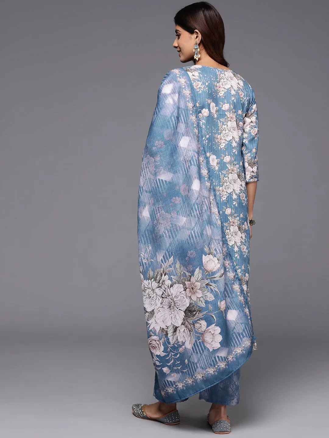 Libas Blue Printed Cotton Straight Suit With Dupatta