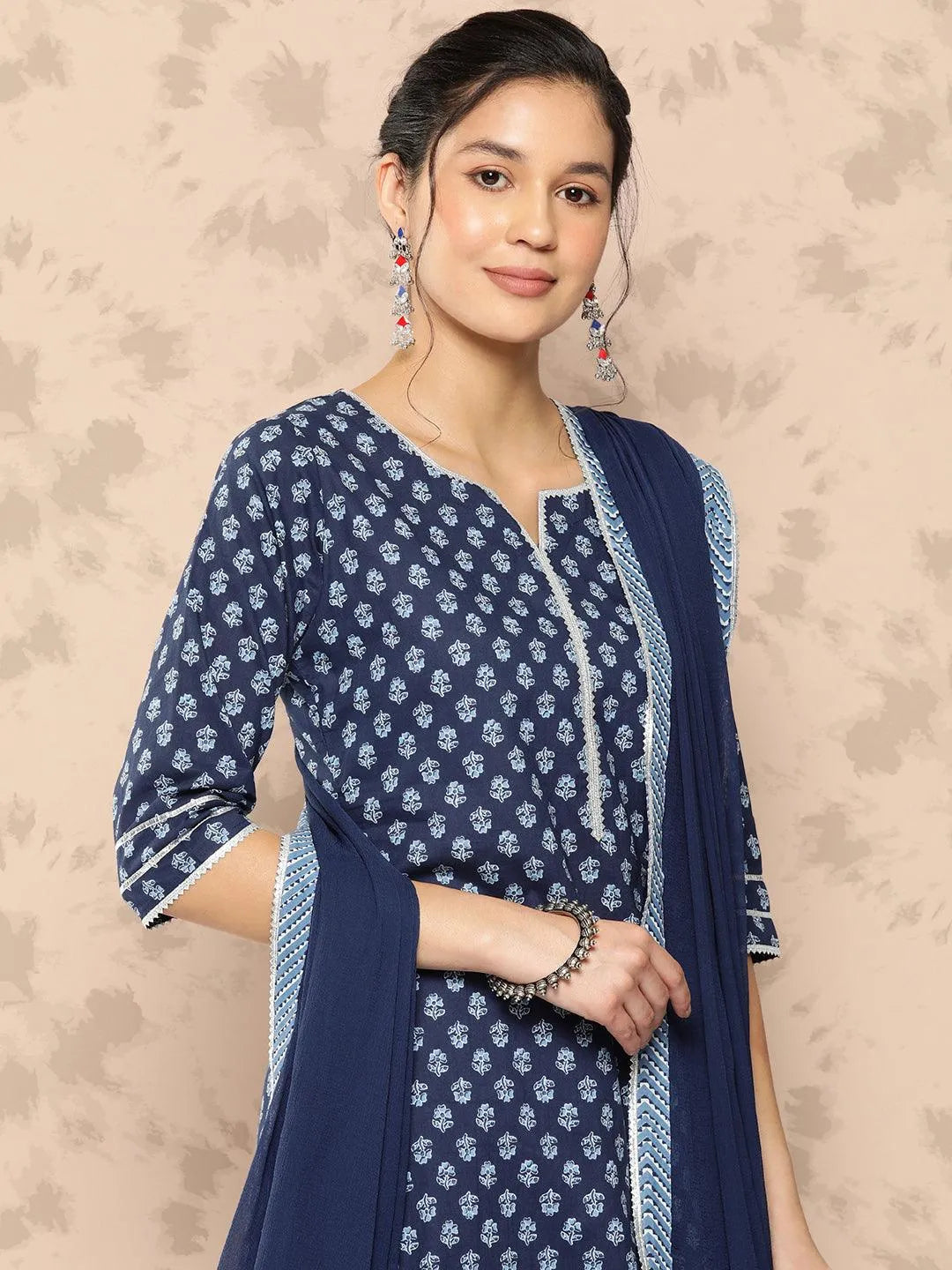 Libas Blue Printed Cotton Straight Kurta With Trousers and Dupatta