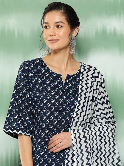 Libas Blue Printed Cotton Straight Kurta With Trousers and Dupatta