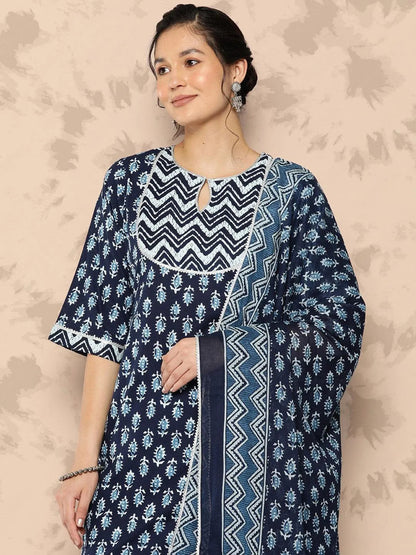 Libas Blue Printed Cotton Straight Kurta With Trousers and Dupatta