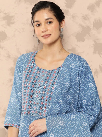 Libas Blue Printed Cotton Straight Kurta With Trousers and Dupatta