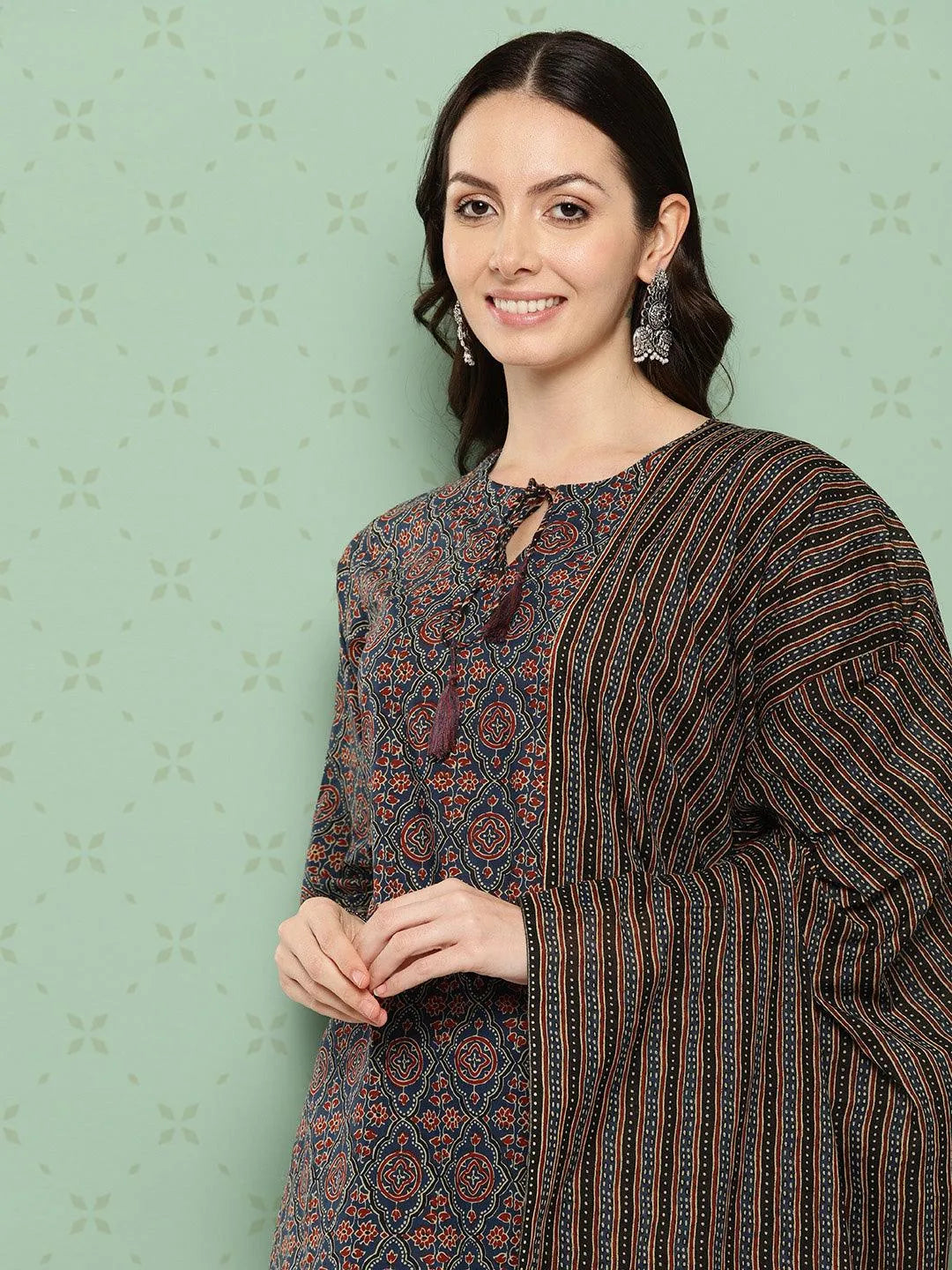 Libas Blue Printed Cotton Straight Suit With Dupatta