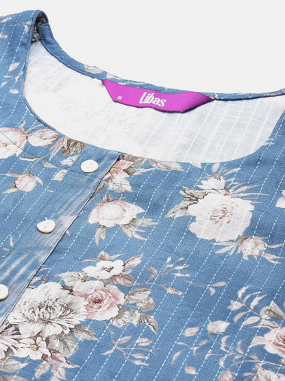 Libas Blue Printed Cotton Straight Suit With Dupatta