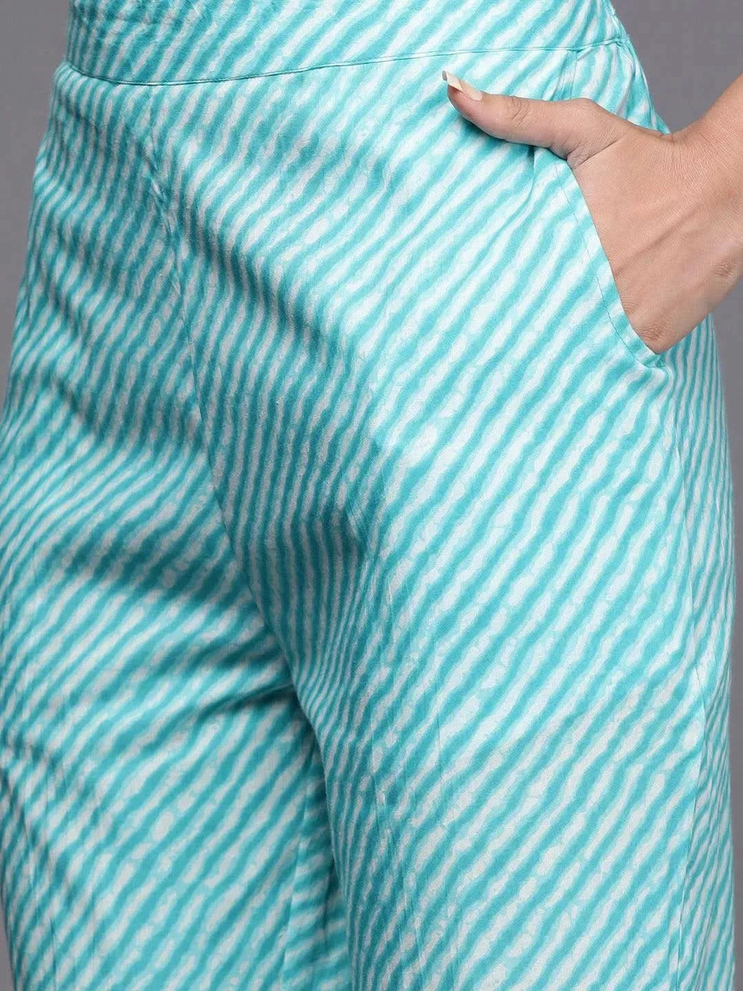 Libas Blue Printed Cotton Straight Kurta With Trousers & Dupatta