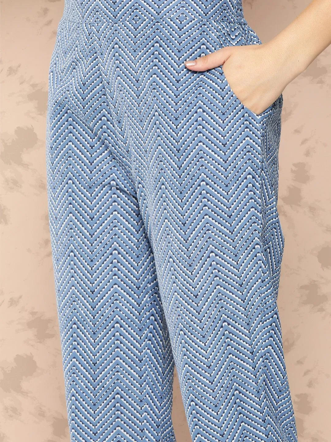Libas Blue Printed Cotton Straight Kurta With Trousers and Dupatta