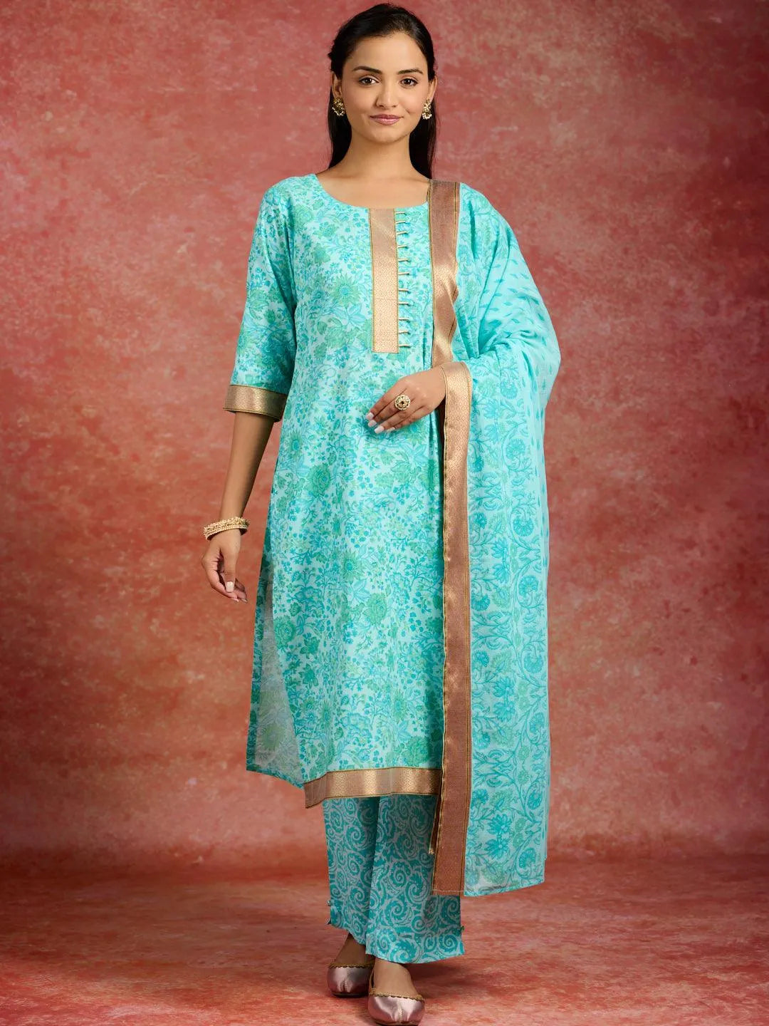 Libas Blue Printed Cotton Straight Suit With Dupatta