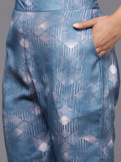 Libas Blue Printed Cotton Straight Suit With Dupatta