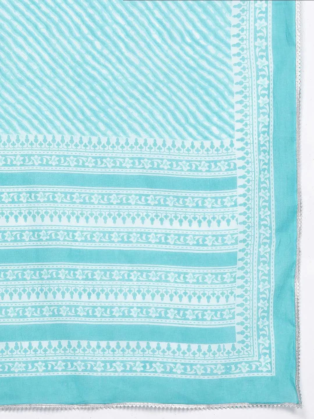 Libas Blue Printed Cotton Straight Kurta With Trousers & Dupatta