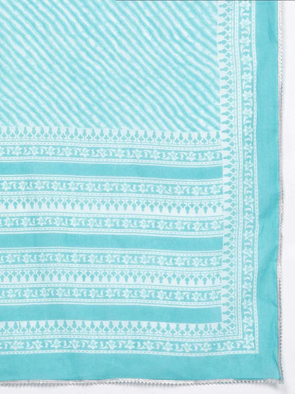 Libas Blue Printed Cotton Straight Kurta With Trousers & Dupatta