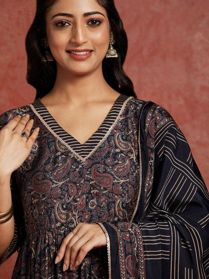 Libas Blue Printed Silk Blend A-Line Kurta With Trousers & Dupatta