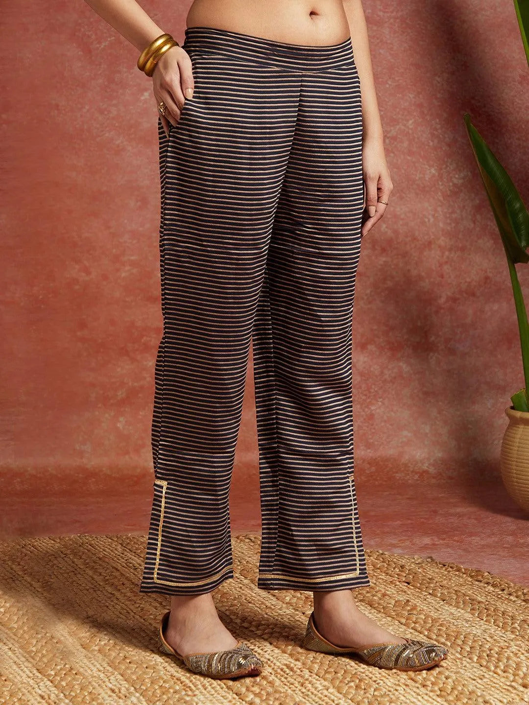 Libas Blue Printed Silk Blend A-Line Kurta With Trousers & Dupatta