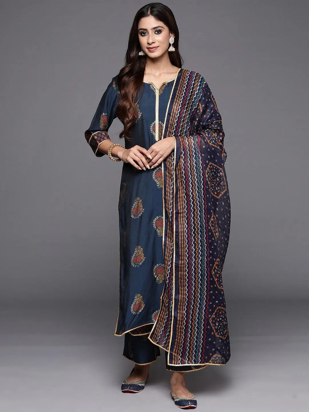 Libas Blue Printed Silk Blend Straight Suit With Dupatta