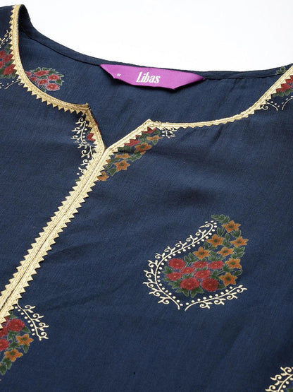 Libas Blue Printed Silk Blend Straight Suit With Dupatta