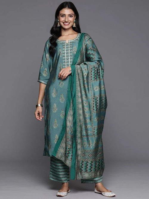 Libas Blue Printed Silk Blend Straight Suit With Dupatta