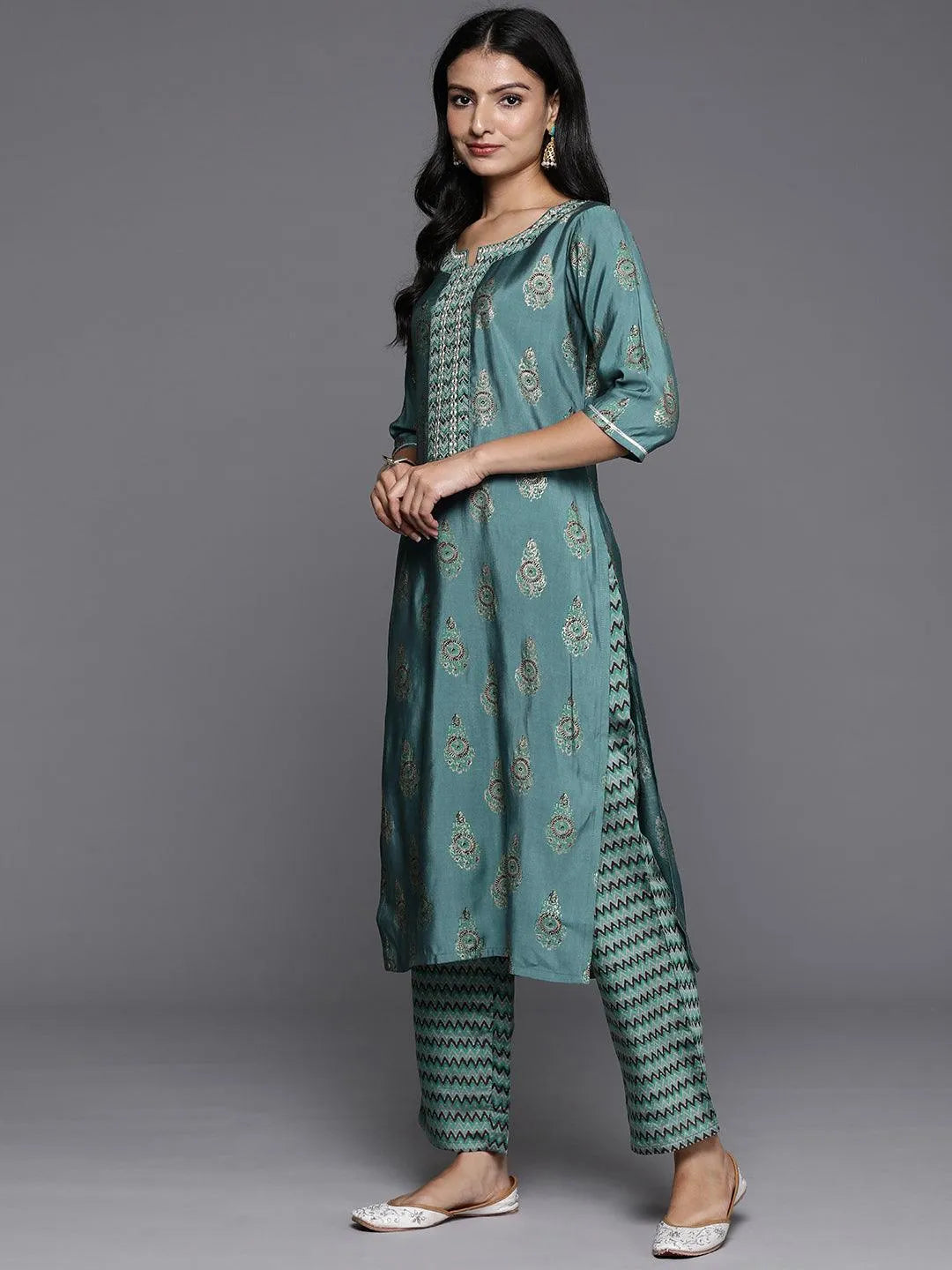 Libas Blue Printed Silk Blend Straight Suit With Dupatta