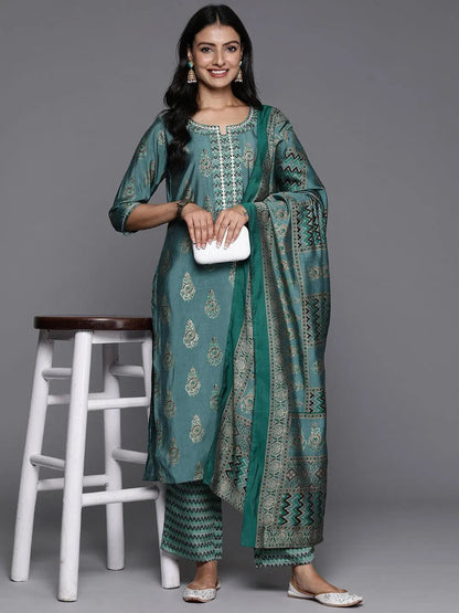 Libas Blue Printed Silk Blend Straight Suit With Dupatta