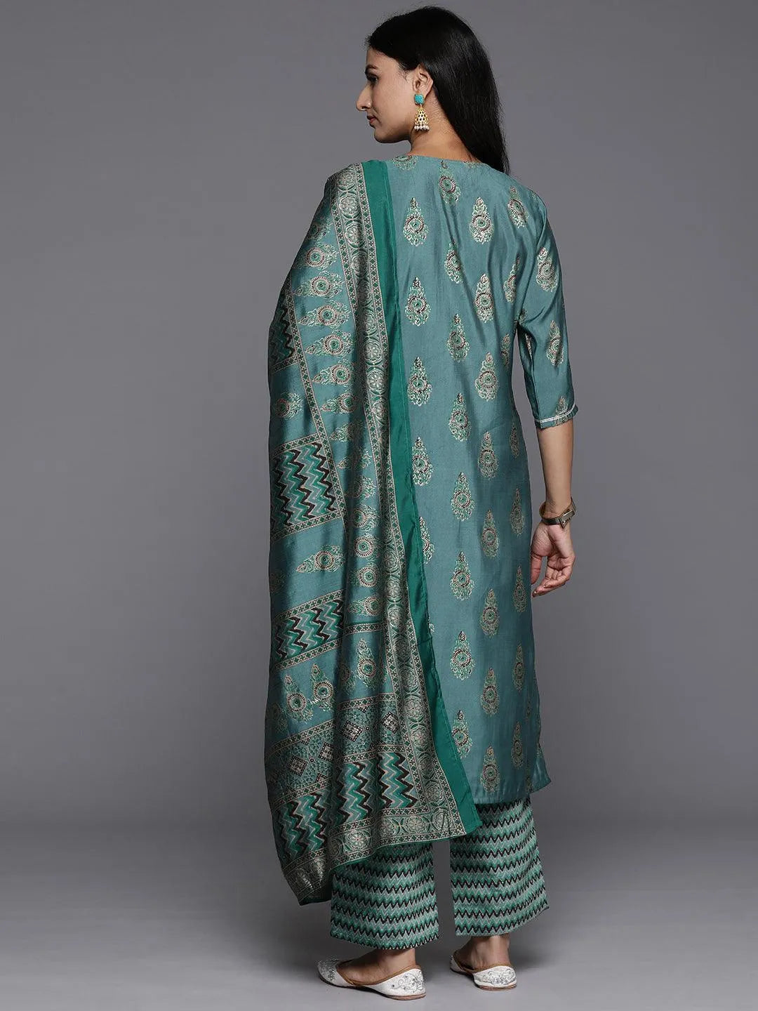 Libas Blue Printed Silk Blend Straight Suit With Dupatta