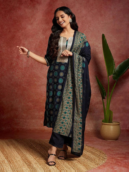 Libas Blue Printed Silk Blend Straight Suit With Dupatta
