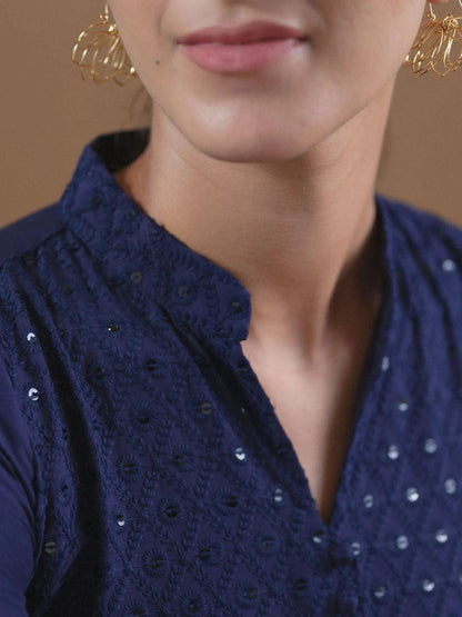 Libas Blue Schiffli Cotton Straight Kurta With Palazzos