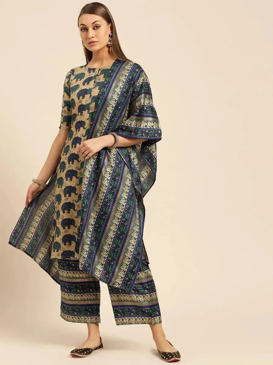 Libas Blue Self Design Chanderi Silk Straight Kurta With Palazzos & Dupatta