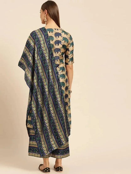 Libas Blue Self Design Chanderi Silk Straight Kurta With Palazzos & Dupatta