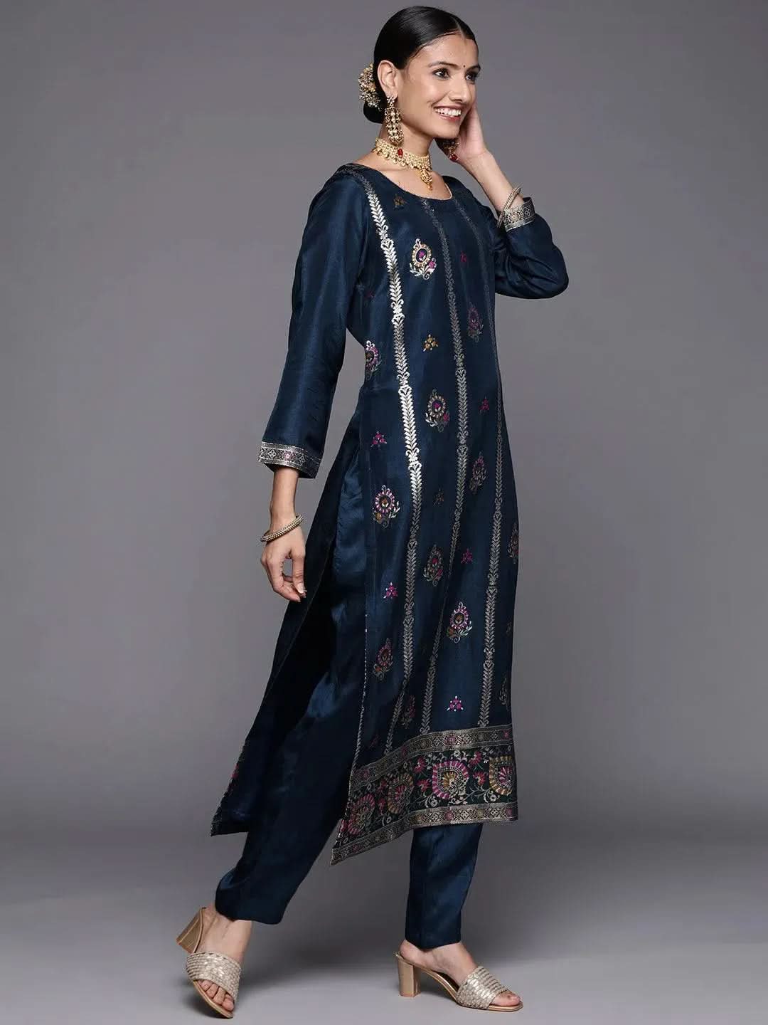 Libas Blue Self Design Silk Blend Straight Kurta With Dupatta
