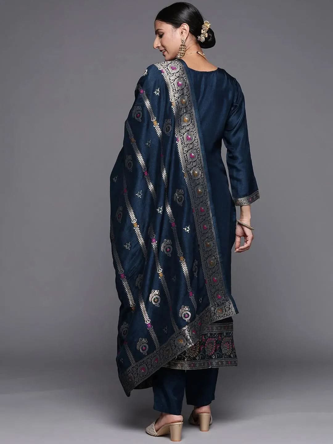 Libas Blue Self Design Silk Blend Straight Kurta With Dupatta
