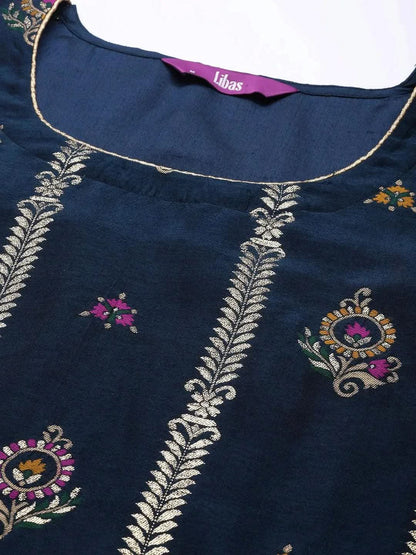 Libas Blue Self Design Silk Blend Straight Kurta With Dupatta
