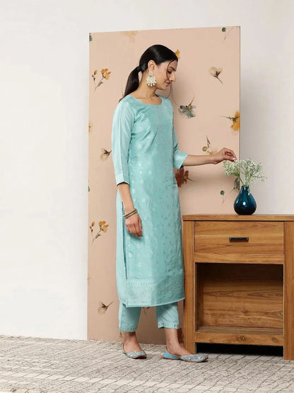 Libas Blue Self Design Silk Blend Straight Kurta With Trousers & Dupatta