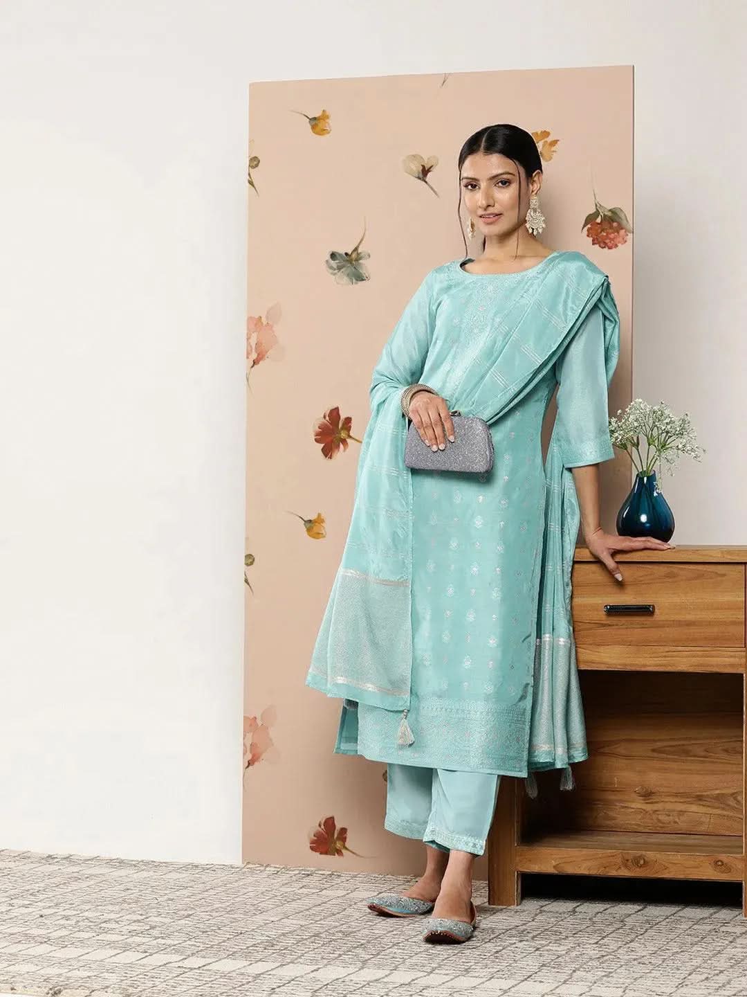 Libas Blue Self Design Silk Blend Straight Kurta With Trousers & Dupatta