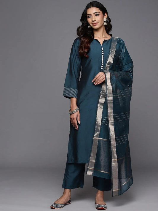 Gerua Blue Solid Silk Blend Straight Suit With Dupatta