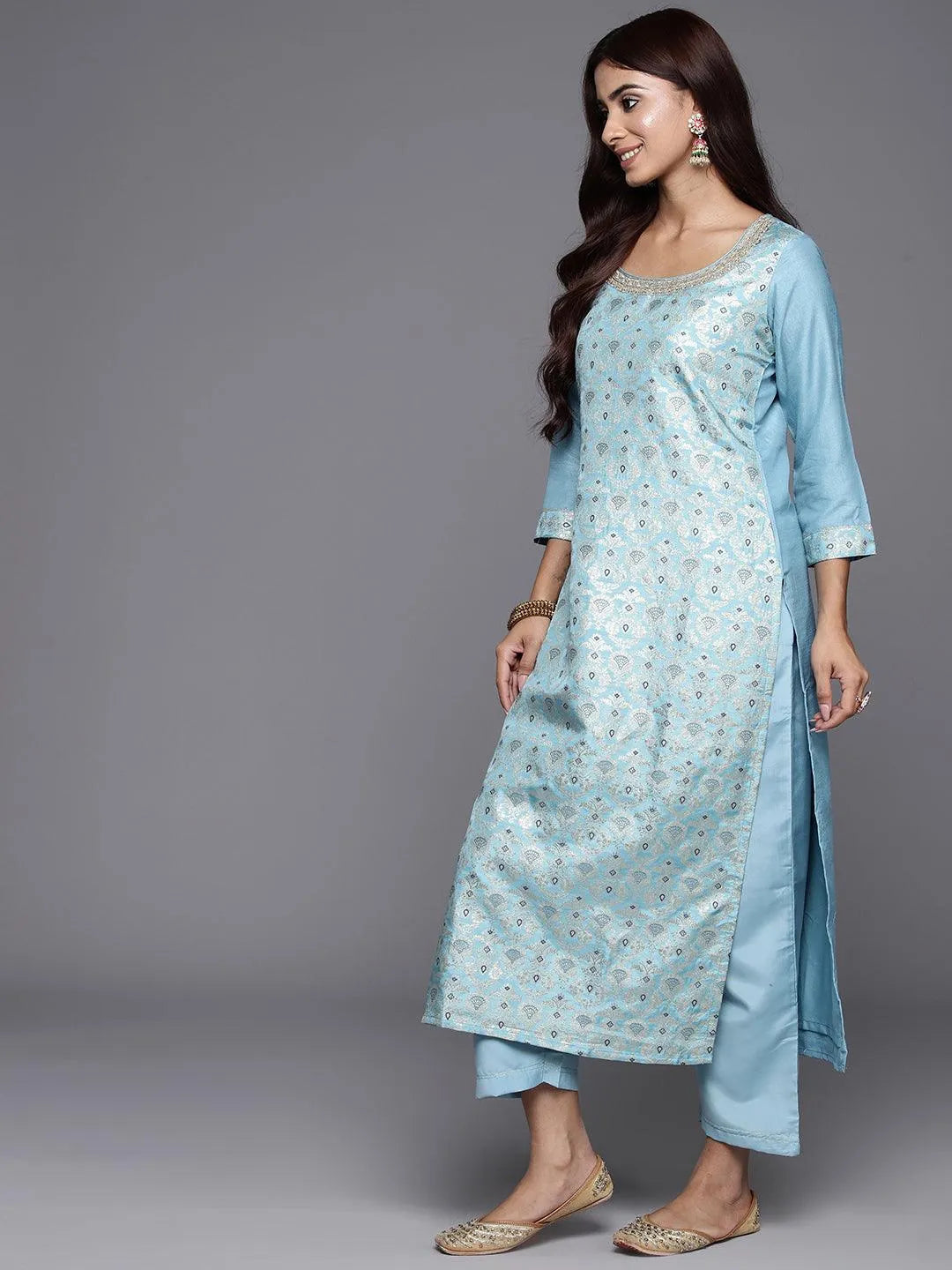 Libas Blue Woven Design Silk Blend Straight Suit With Dupatta