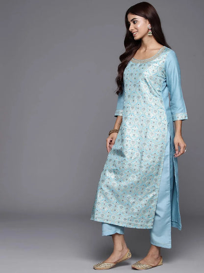 Libas Blue Woven Design Silk Blend Straight Suit With Dupatta