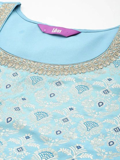 Libas Blue Woven Design Silk Blend Straight Suit With Dupatta
